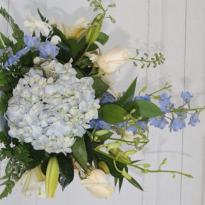 White Roses, White Lilacs, Mums & Blue Bonnets