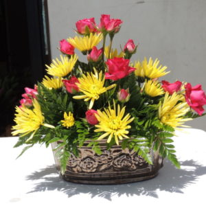 Dozen Pink Roses & Yellow Mums In Decorative Metal Bowl